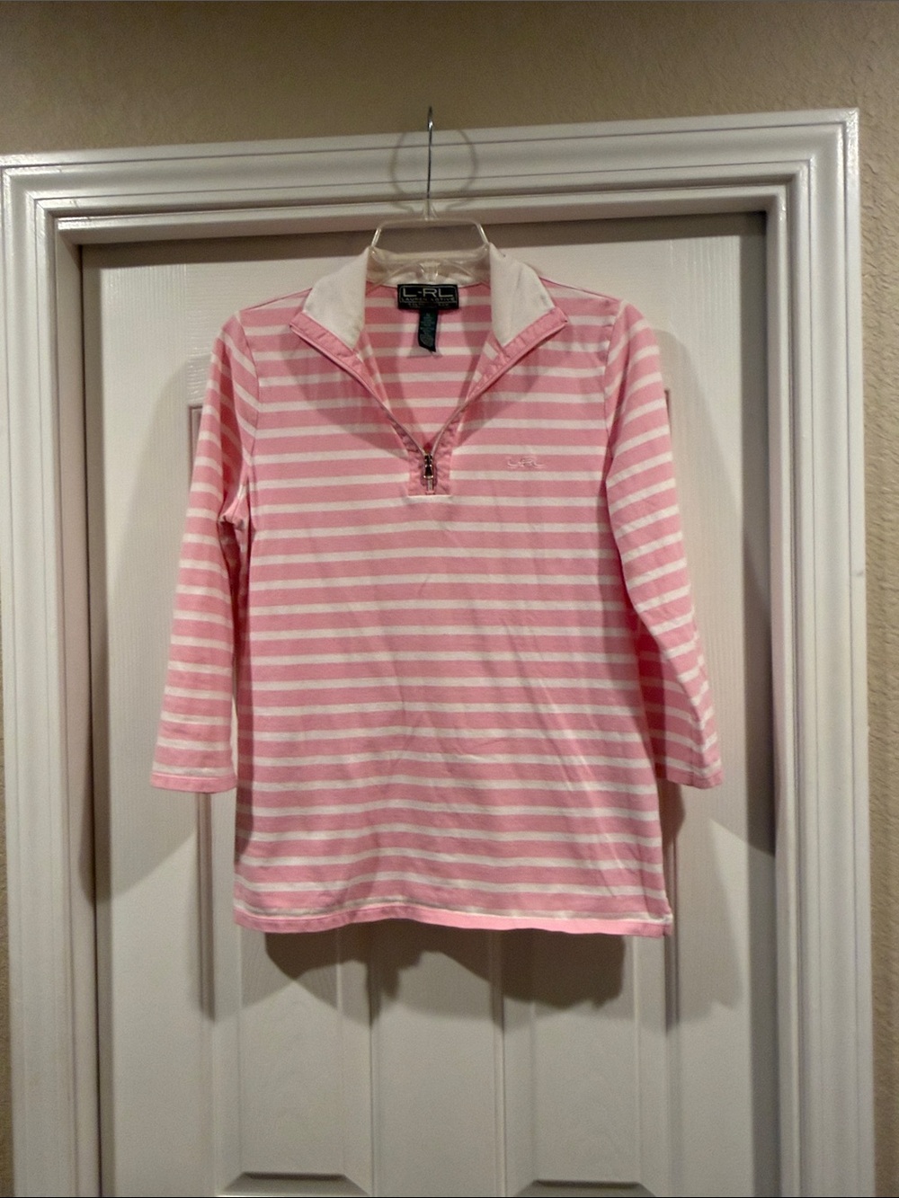 Ralph Lauren Pink Striped  3/4 Sleeve Polo Top like new size M - Picture 2 of 5